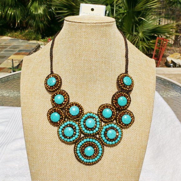 Boho Necklace Turquoise Chunky Festival Bib NWT - Picture 3 of 6